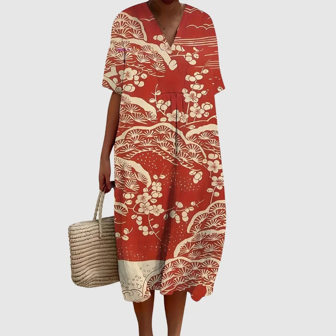 Naomi | Terracotta Blossom Print Midi Dress - Benjamin New York