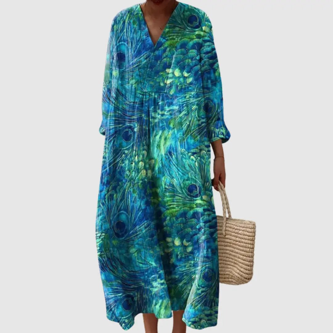 Serena | Peacock Feather Flow Maxi Dress - Benjamin New York