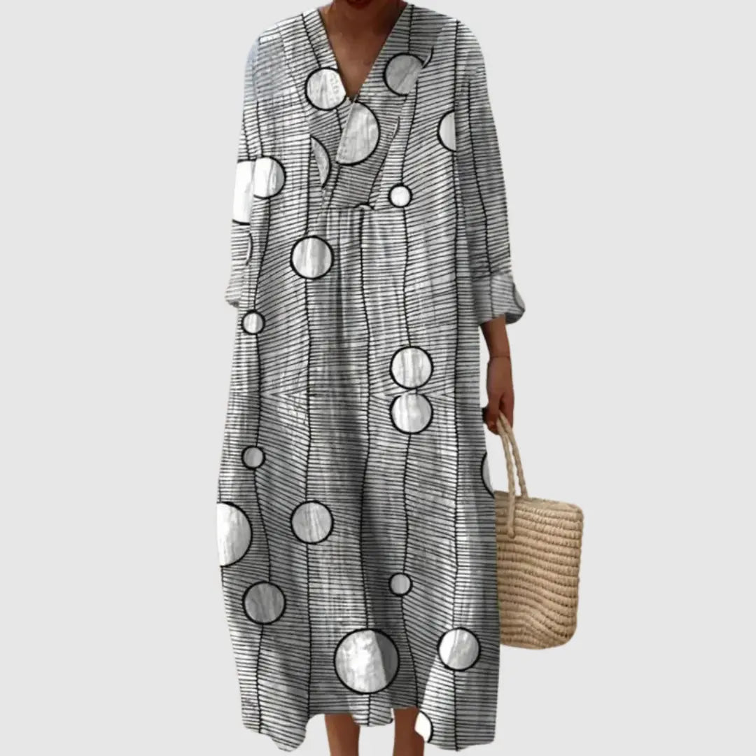Marnie | Monochrome Orbit Print Maxi Dress - Benjamin New York