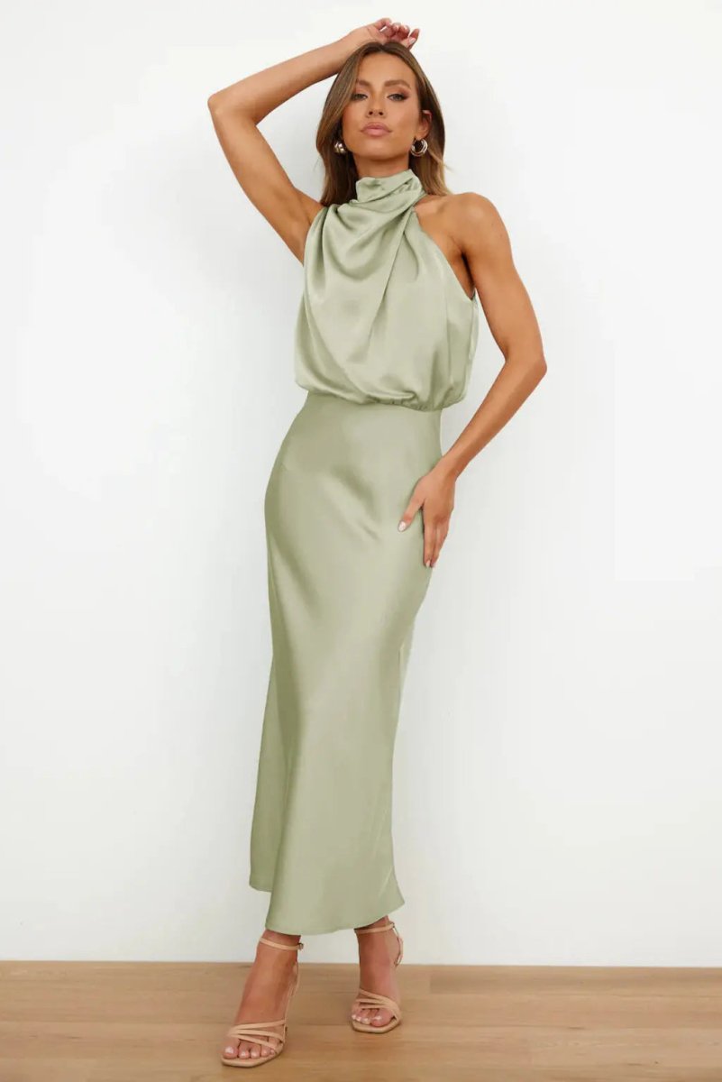 Elena | Satin Halter - Neck Midi Dress - Benjamin New York