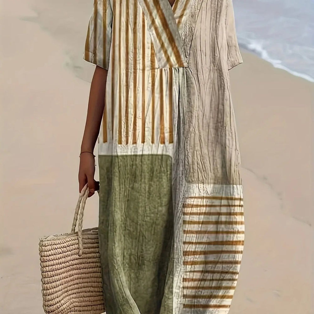 Harriet | Earth - Tone Stripe Panel Midi Dress - Benjamin New York