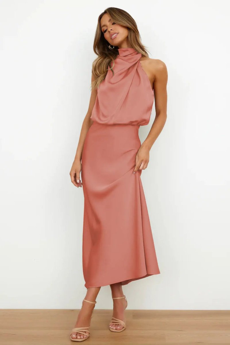 Elena | Satin Halter - Neck Midi Dress - Benjamin New York