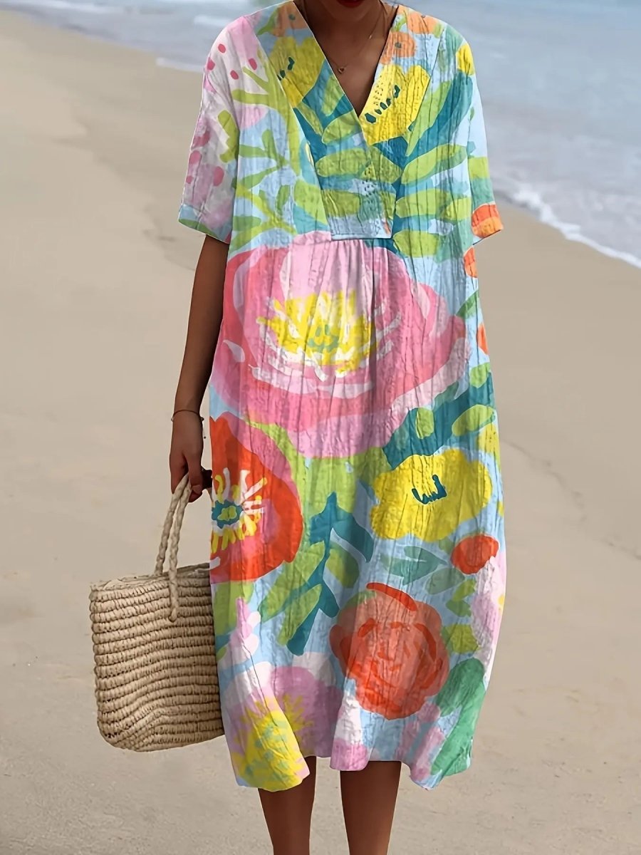 Jasmine | Bold Bloom Watercolor Midi Dress - Benjamin New York