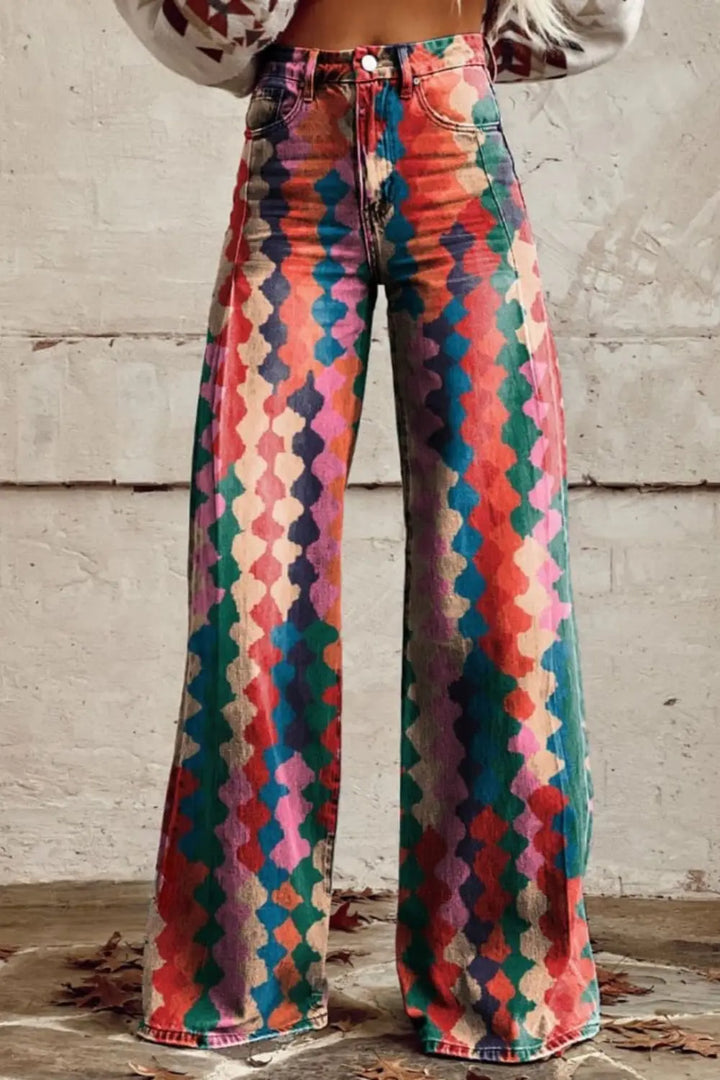 Rio | Multicolour Geometric High - Waisted Wide - Leg Jeans - Benjamin New York