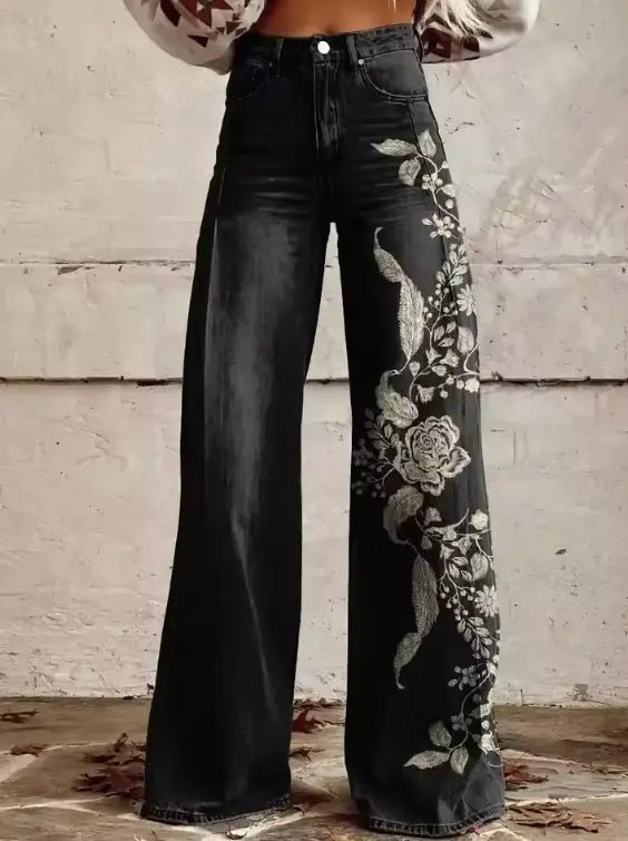 Elaine | Elegant Black Denim with Embroidered Floral Detail - Benjamin New York