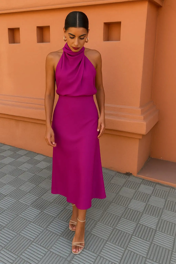 Elena | Satin Halter - Neck Midi Dress - Benjamin New York