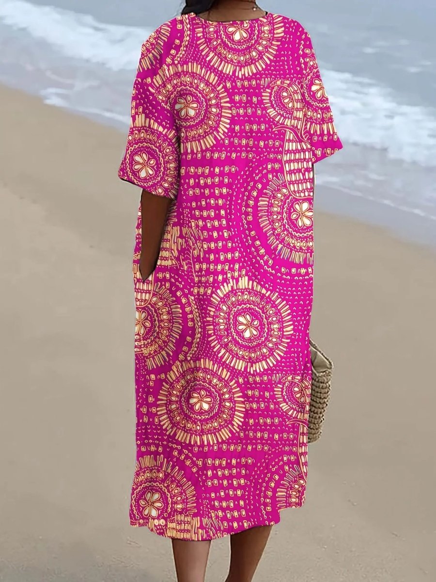 Talia | Radiant Fuchsia Tribal Midi Dress - Benjamin New York
