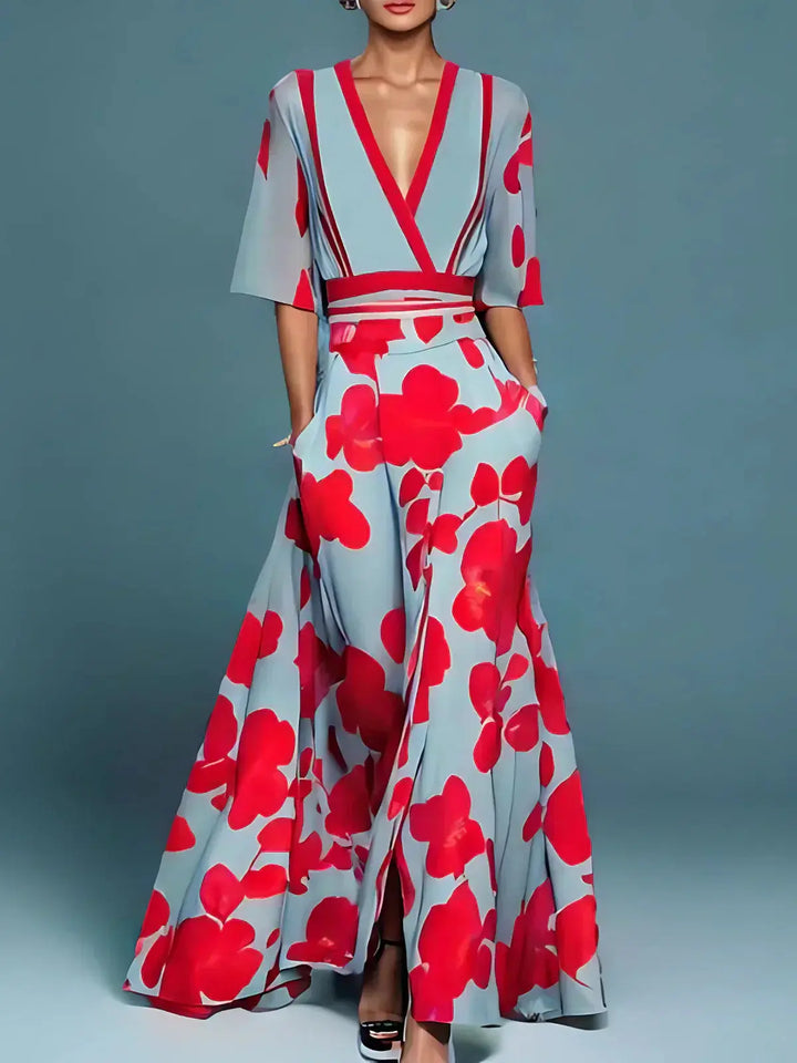 Vivienne | Scarlet Bloom Kimono Maxi Dress - Benjamin New York