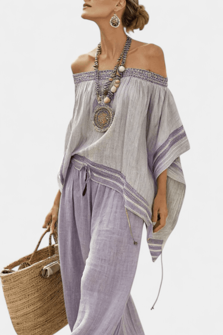 Zandrel | Elegant Off - Shoulder Top & Wide - Leg Striped Pants - Benjamin New York