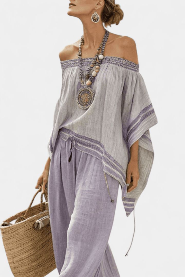 Zandrel | Elegant Off - Shoulder Top & Wide - Leg Striped Pants - Benjamin New York