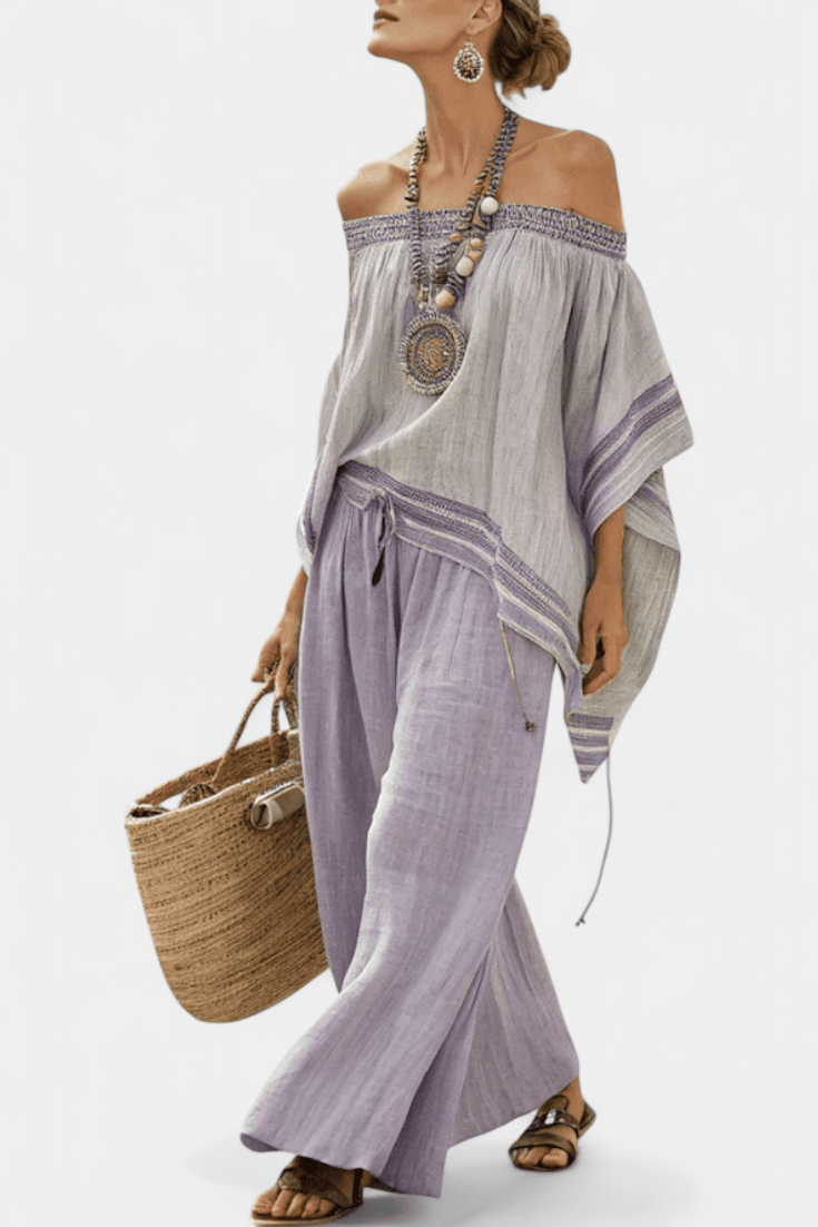Zandrel | Elegant Off - Shoulder Top & Wide - Leg Striped Pants - Benjamin New York