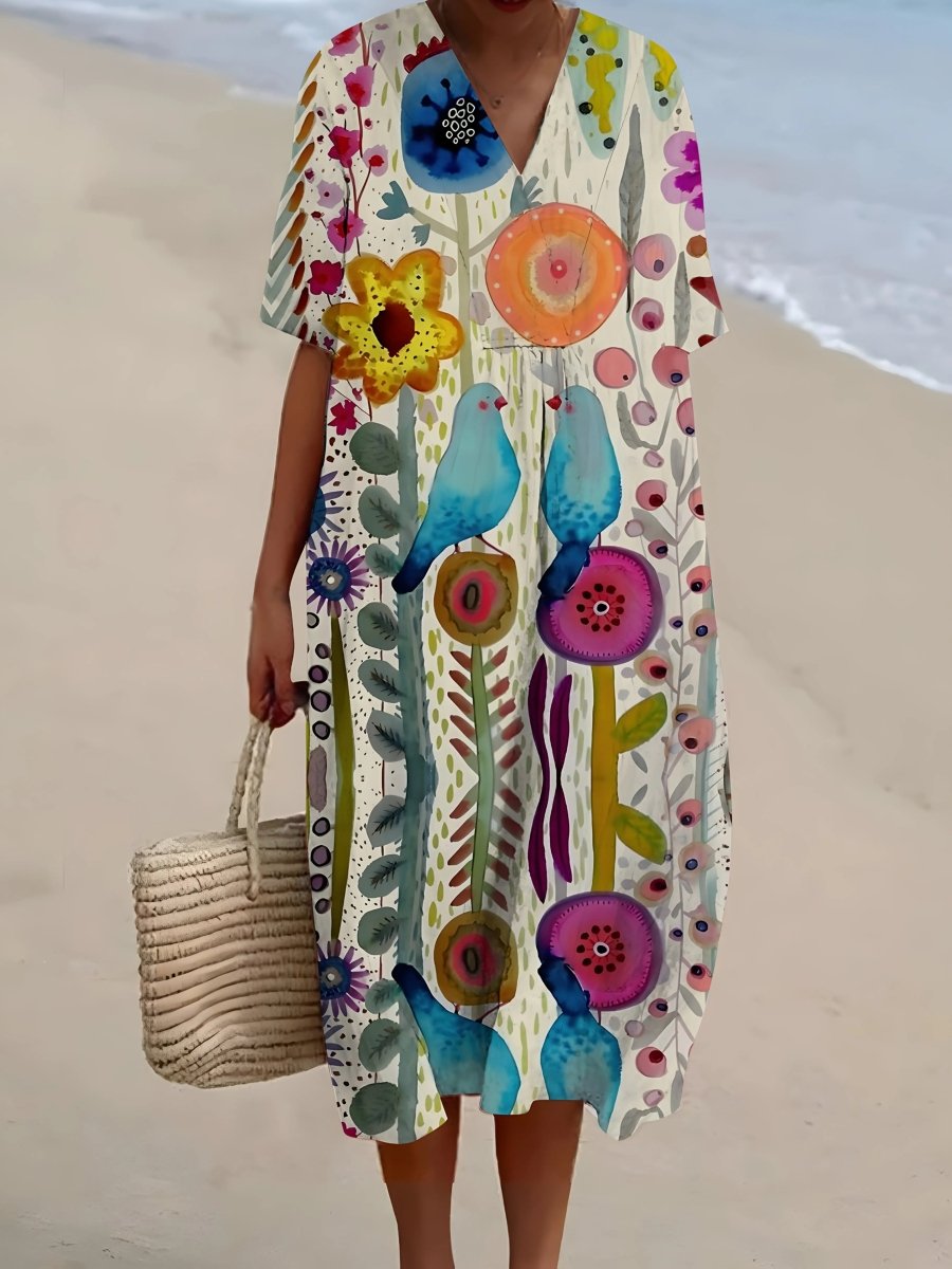 Wren | Whimsical Garden Bird Midi Dress - Benjamin New York