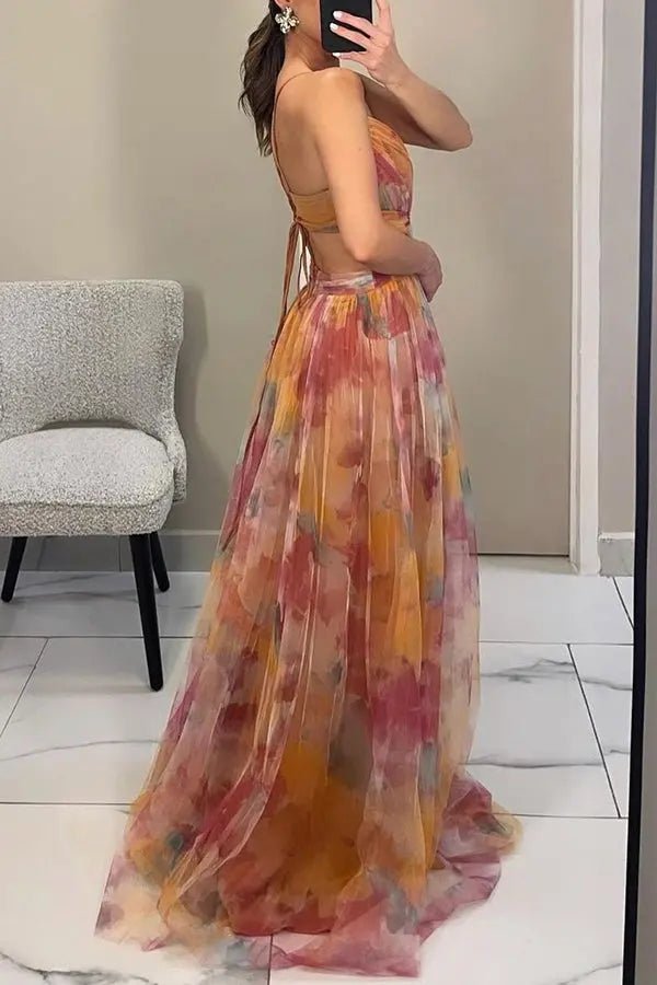 Aurora | Sunset Bloom Pleated Chiffon Gown - Benjamin New York