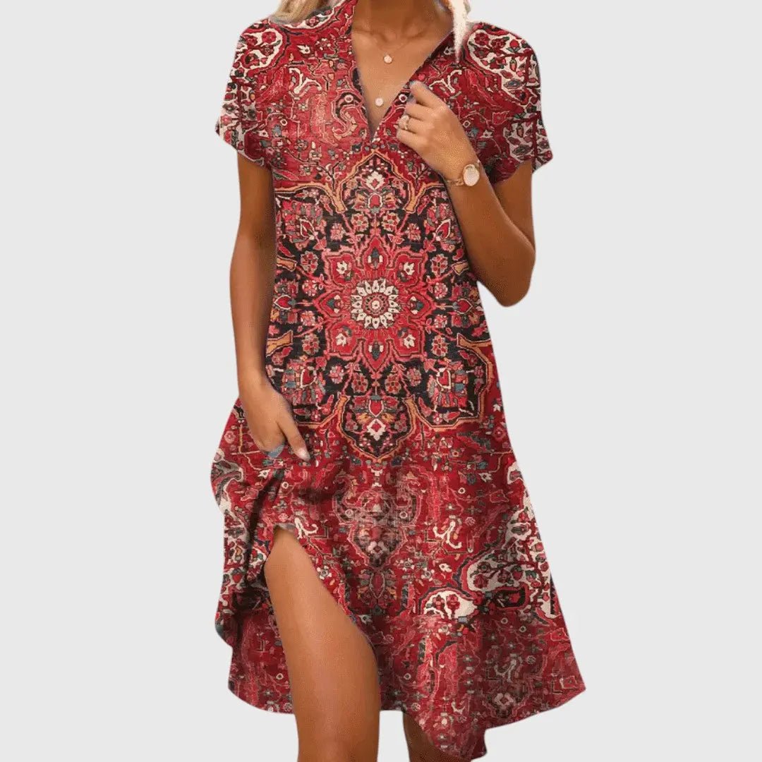 Aria | Red Boho Charm V - Neck Dress - Benjamin New York