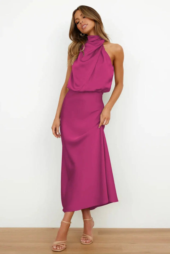 Elena | Satin Halter - Neck Midi Dress - Benjamin New York
