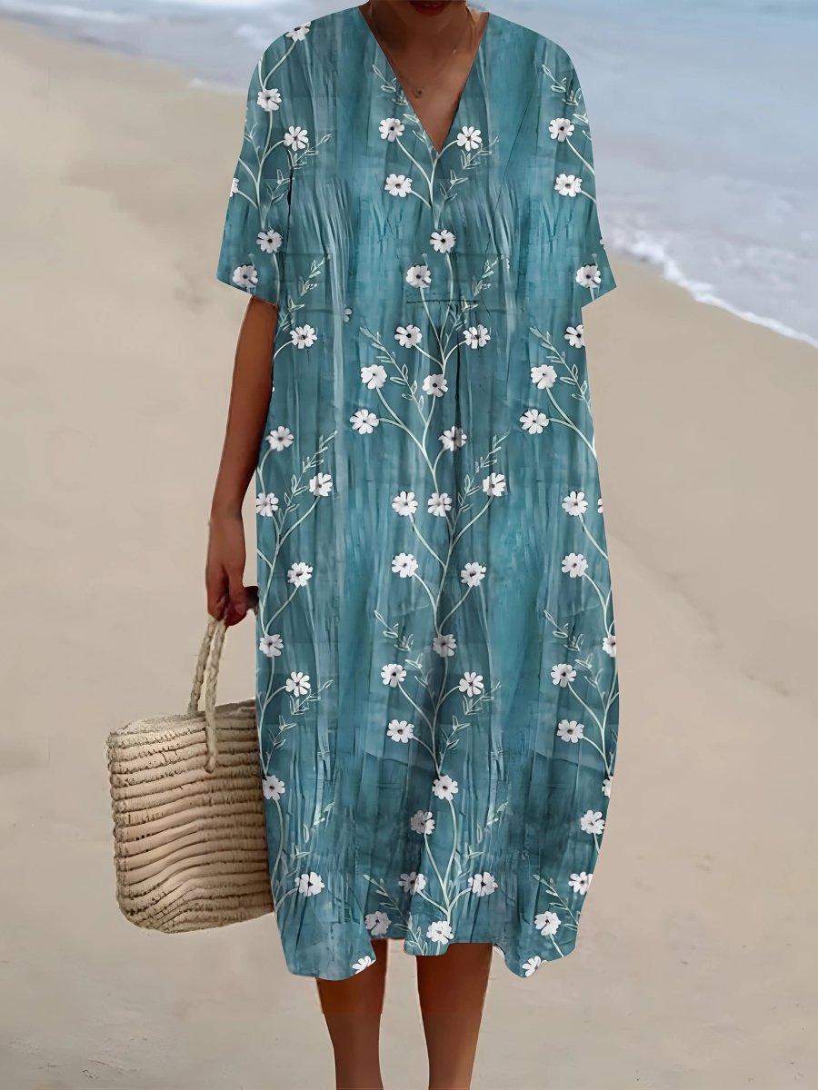 Clara | Teal Wildflower Crinkle Midi Dress - Benjamin New York