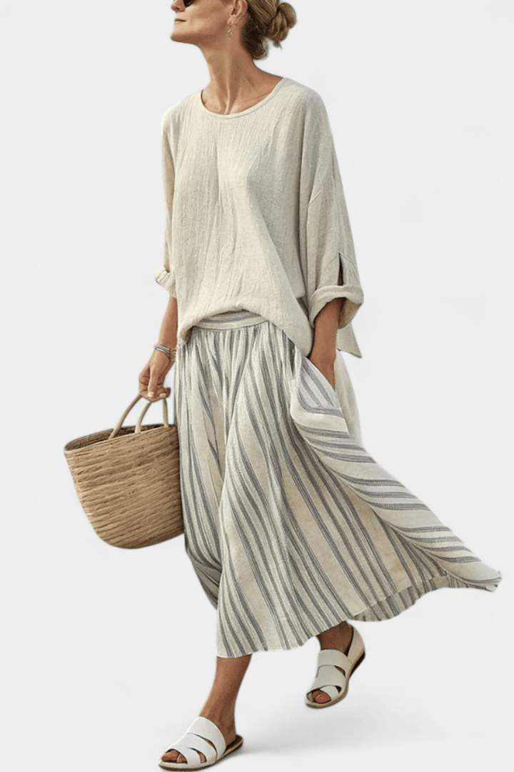 Aurcyn | Comfortable Loose Blouse & Striped Midi Skirt - Benjamin New York
