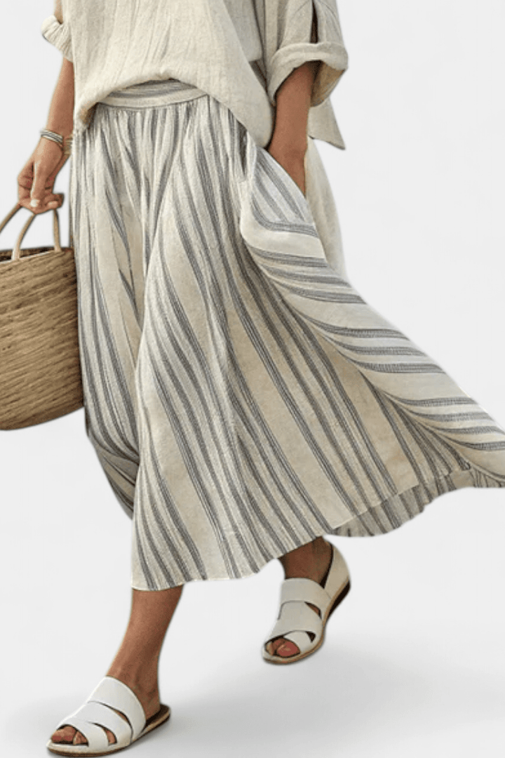 Aurcyn | Comfortable Loose Blouse & Striped Midi Skirt - Benjamin New York