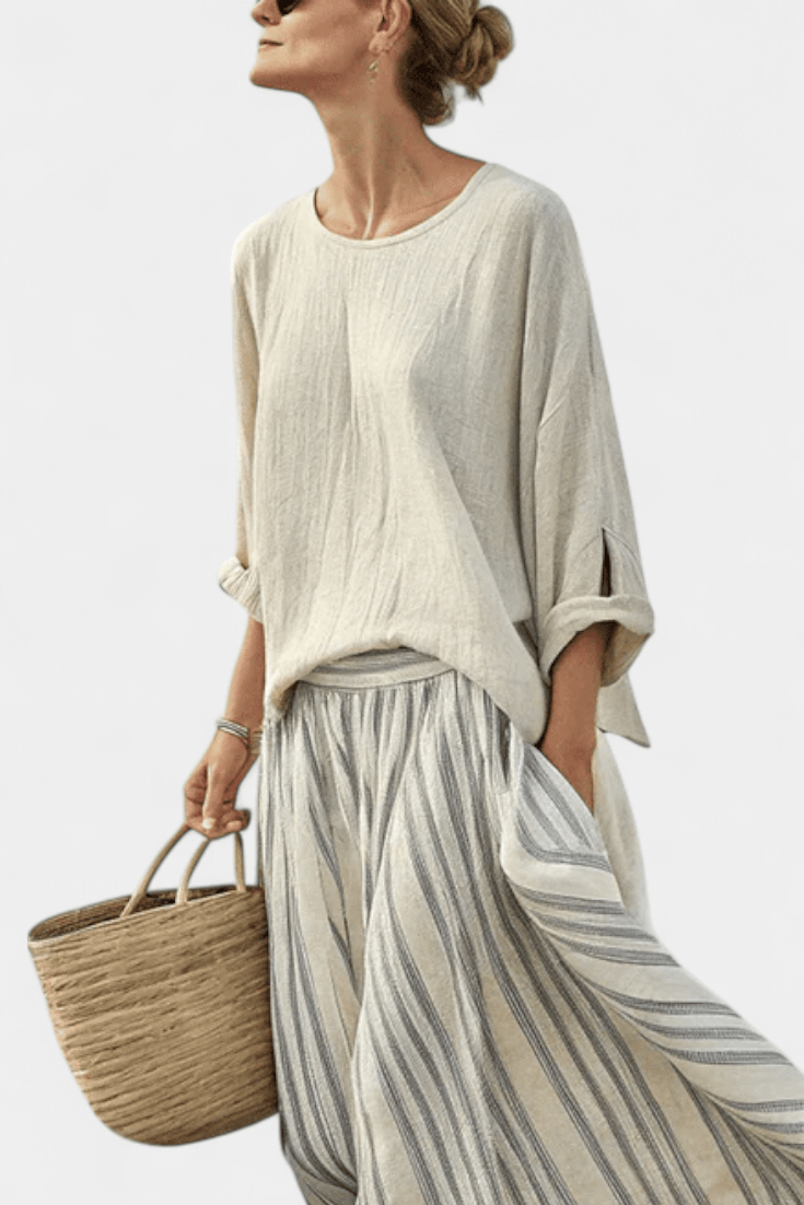 Aurcyn | Comfortable Loose Blouse & Striped Midi Skirt - Benjamin New York