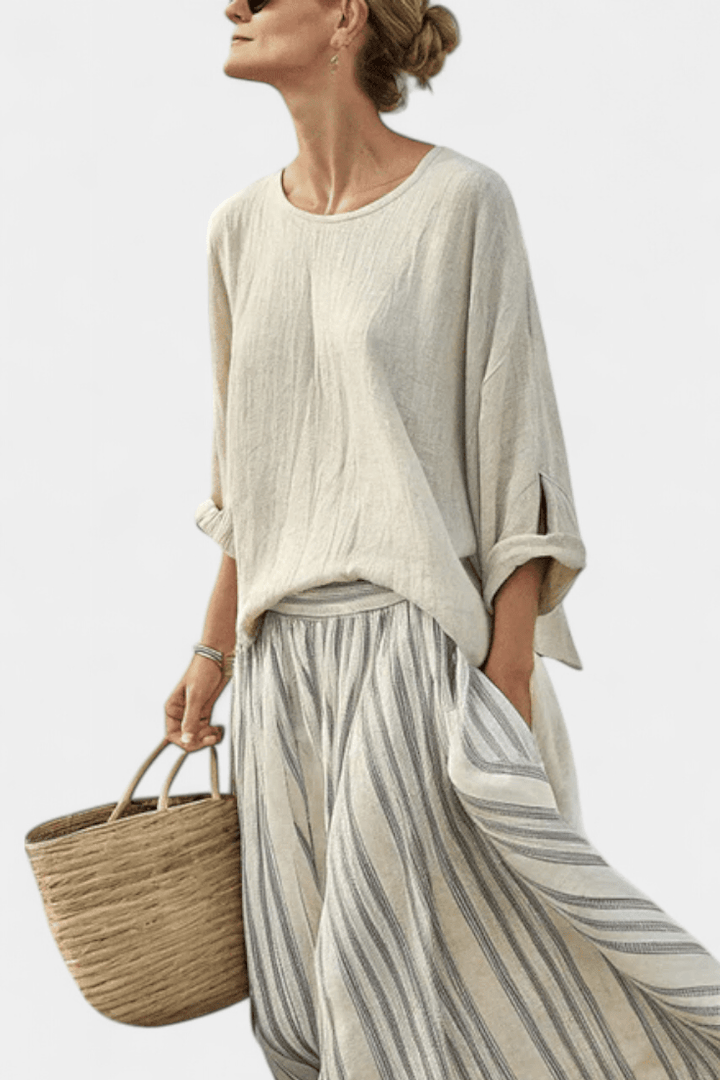 Aurcyn | Comfortable Loose Blouse & Striped Midi Skirt - Benjamin New York