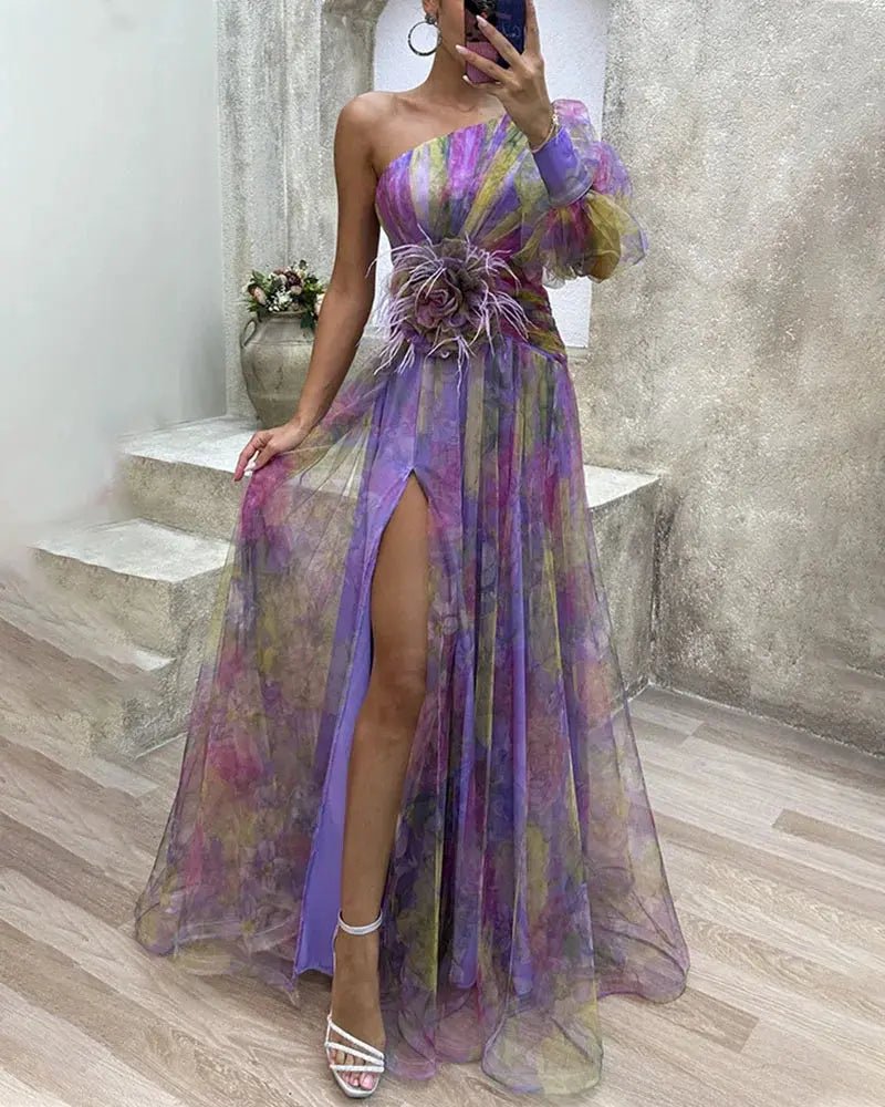 Celeste | One - Shoulder Sheer Floral Gown - Benjamin New York