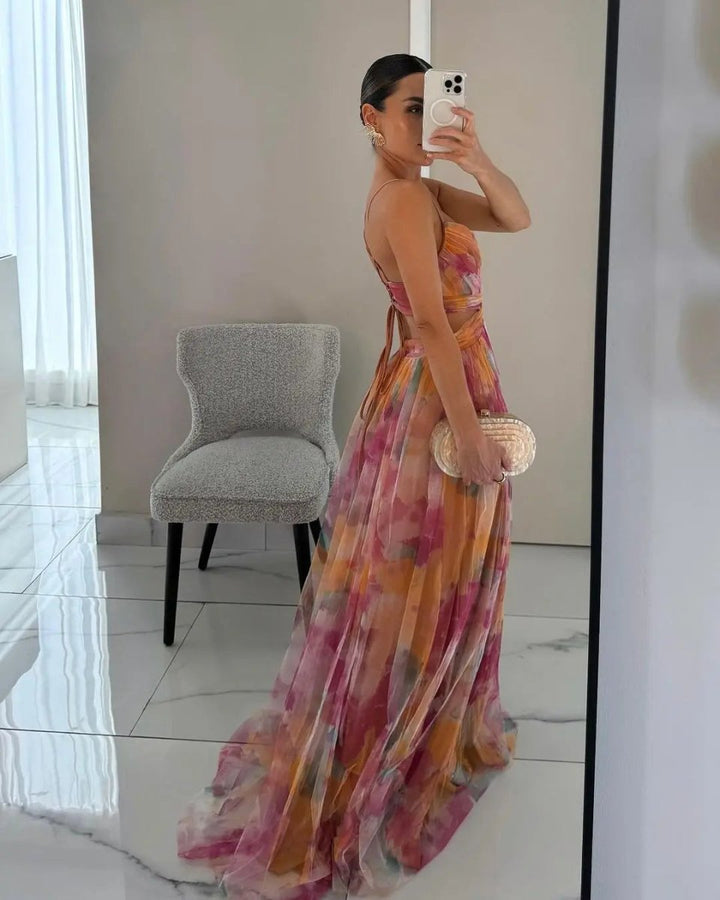 Aurora | Sunset Bloom Pleated Chiffon Gown - Benjamin New York