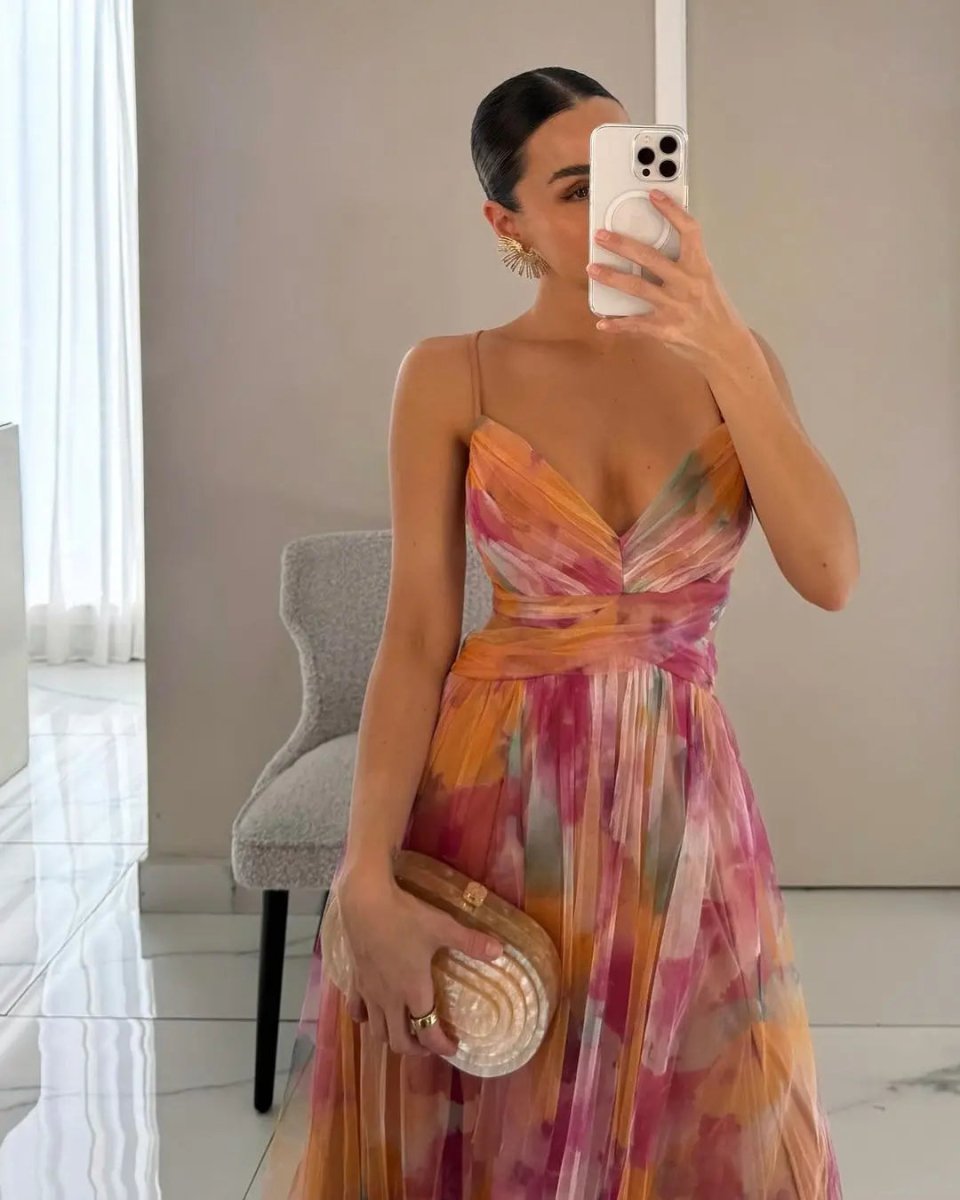 Aurora | Sunset Bloom Pleated Chiffon Gown - Benjamin New York