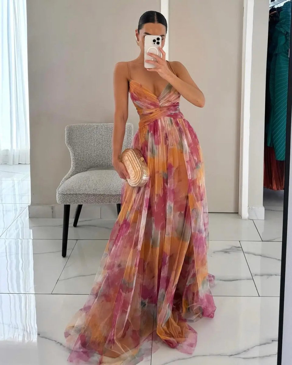 Aurora | Sunset Bloom Pleated Chiffon Gown - Benjamin New York
