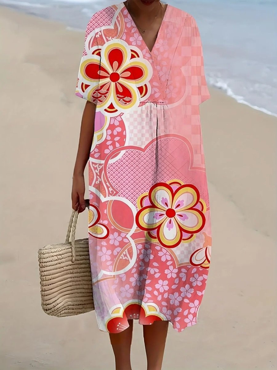 Maisie | Retro Blossom Pink Wrap Dress - Benjamin New York