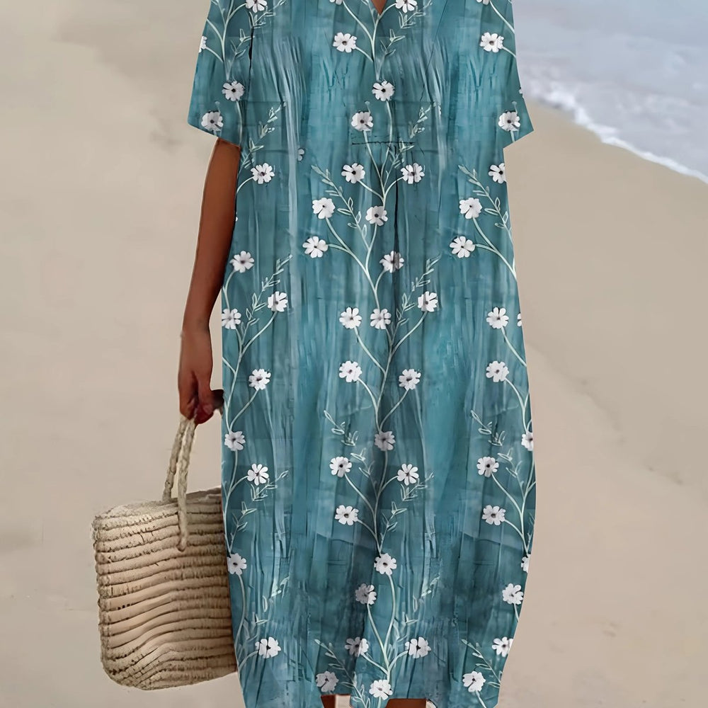 Clara | Teal Wildflower Crinkle Midi Dress - Benjamin New York