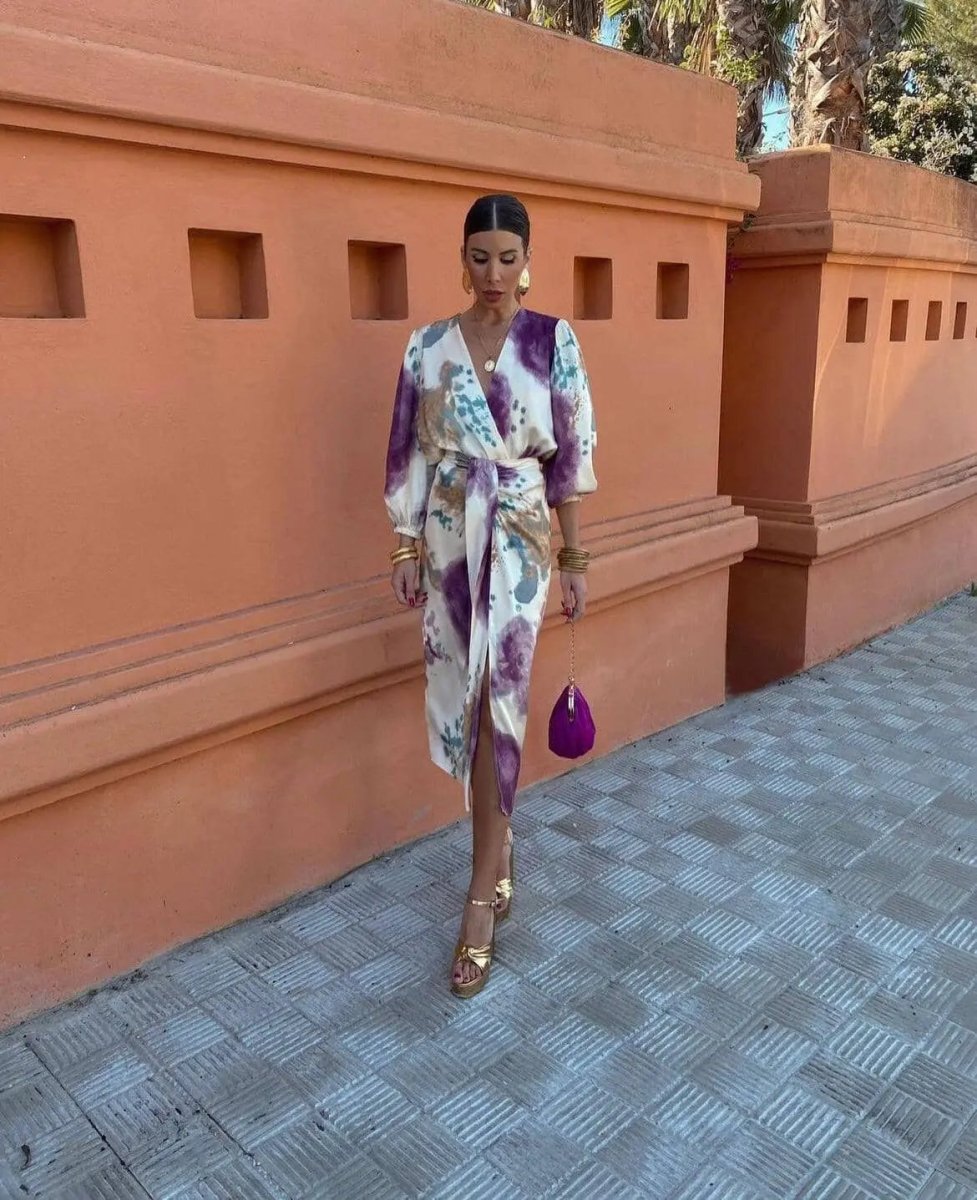 Amalia | Watercolor Wrap Tie Midi Dress - Benjamin New York