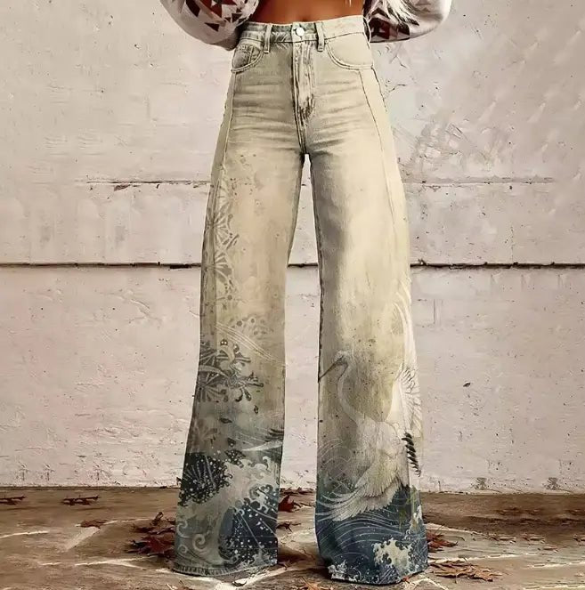 Vivienne | Artistic Crane - Print Wide - Leg Jeans - Benjamin New York