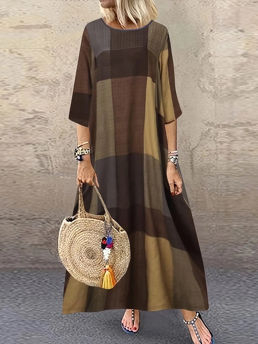 Greta | Earth - Tone Plaid Oversized Maxi Dress - Benjamin New York