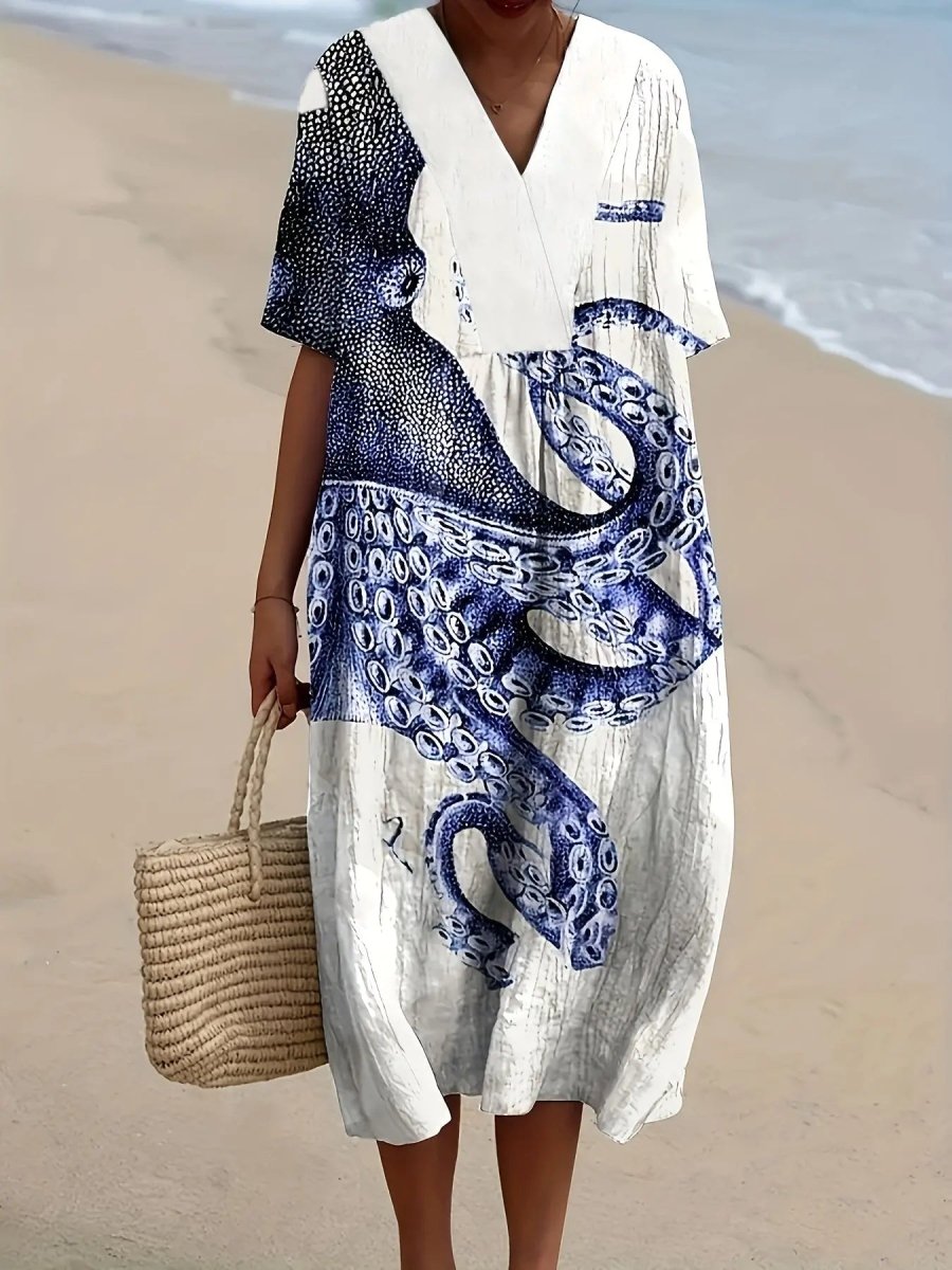 Marina | Deep Sea Octopus Print Midi Dress - Benjamin New York