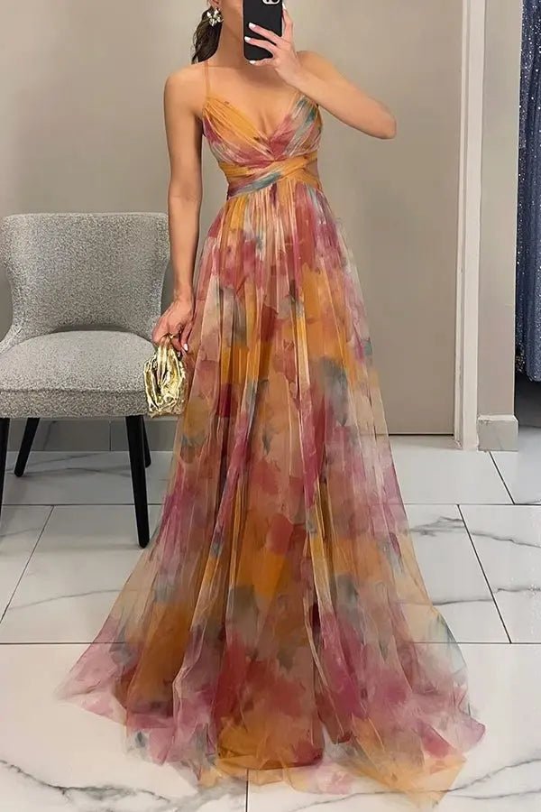 Aurora | Sunset Bloom Pleated Chiffon Gown - Benjamin New York
