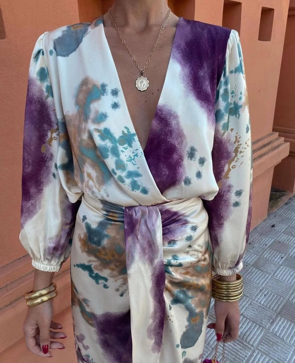 Amalia | Watercolor Wrap Tie Midi Dress - Benjamin New York
