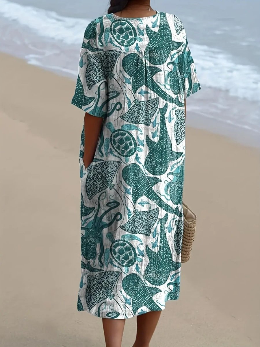 Cleo | Sea Creature Print Relaxed Midi Dress - Benjamin New York