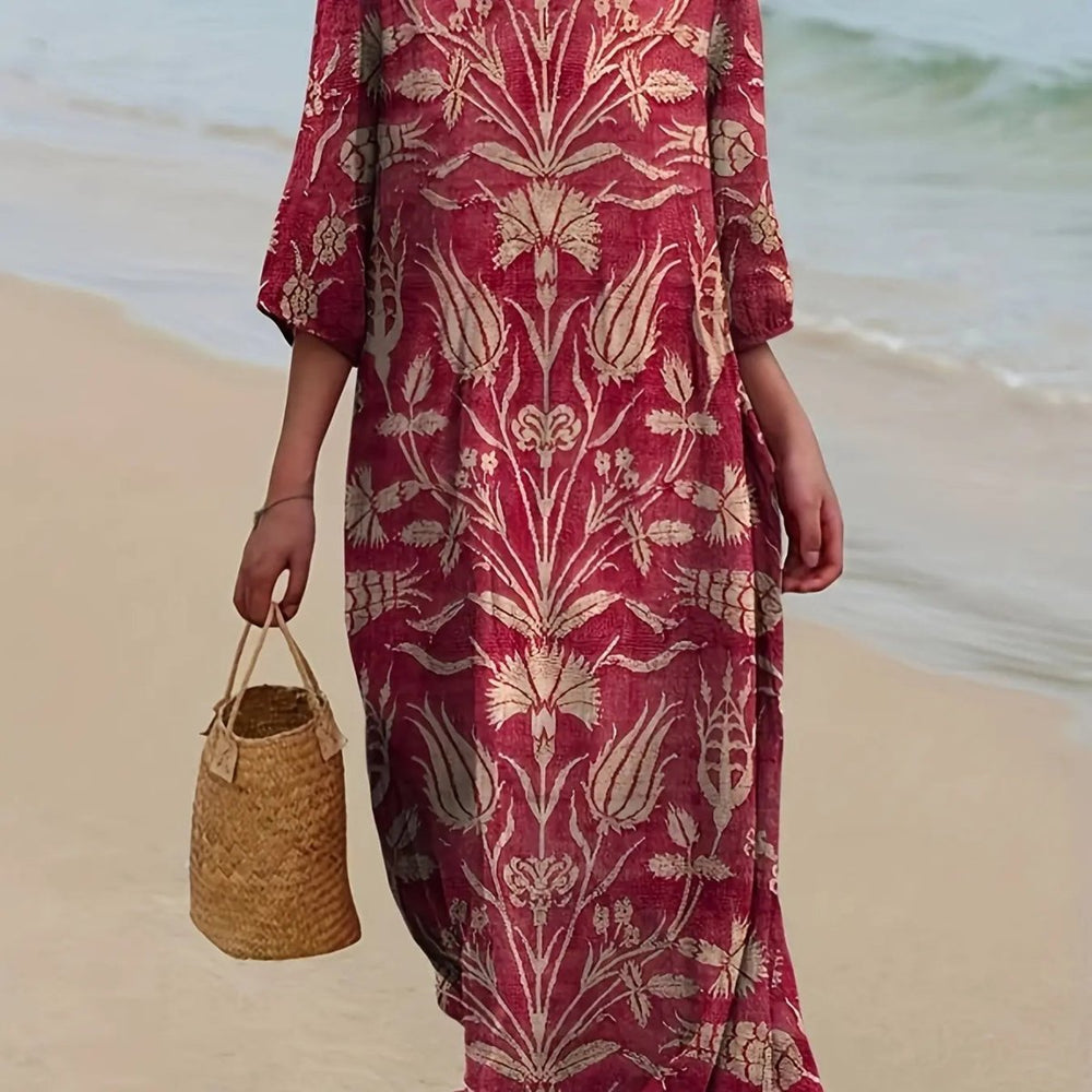 Agnes | Vintage Garnet Botanical Maxi Dress - Benjamin New York