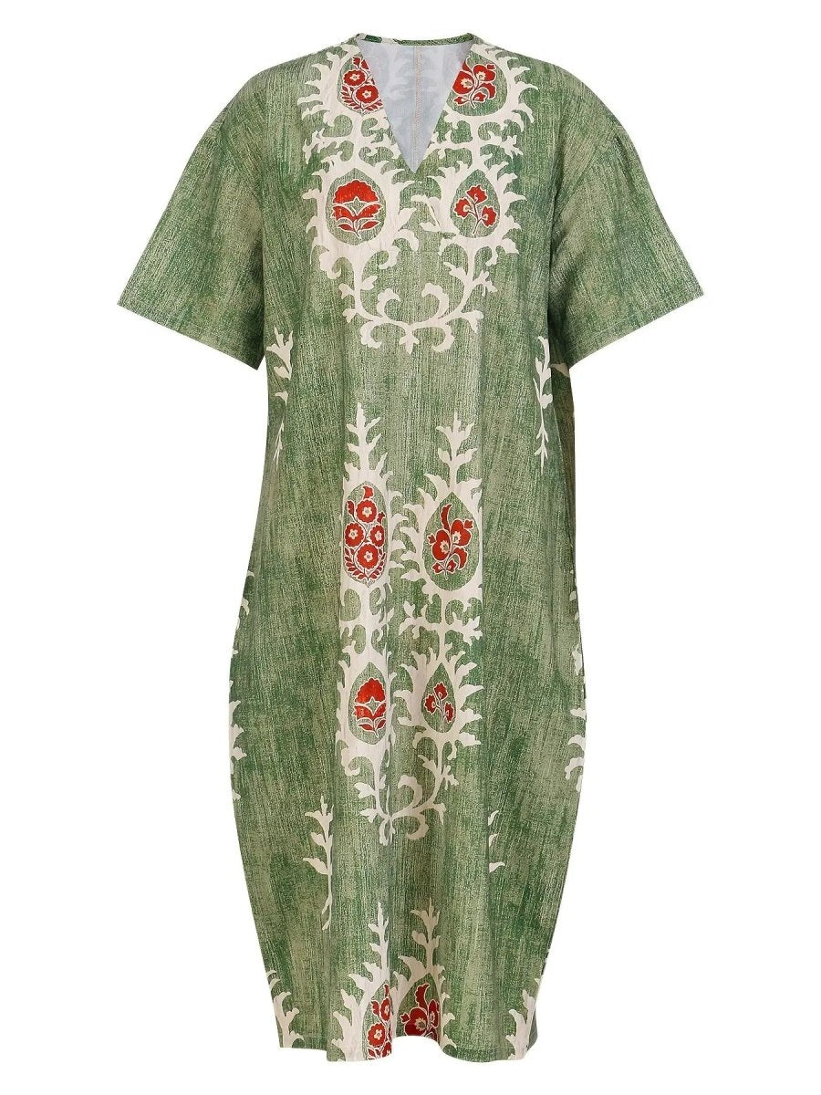 Edith | Boho Olive Embroidered Midi Dress - Benjamin New York