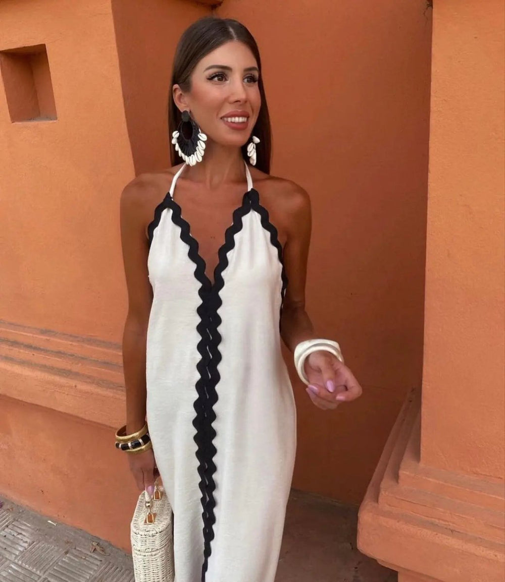 Noelle | Scallop - Trim Halter Slit Maxi Dress - Benjamin New York