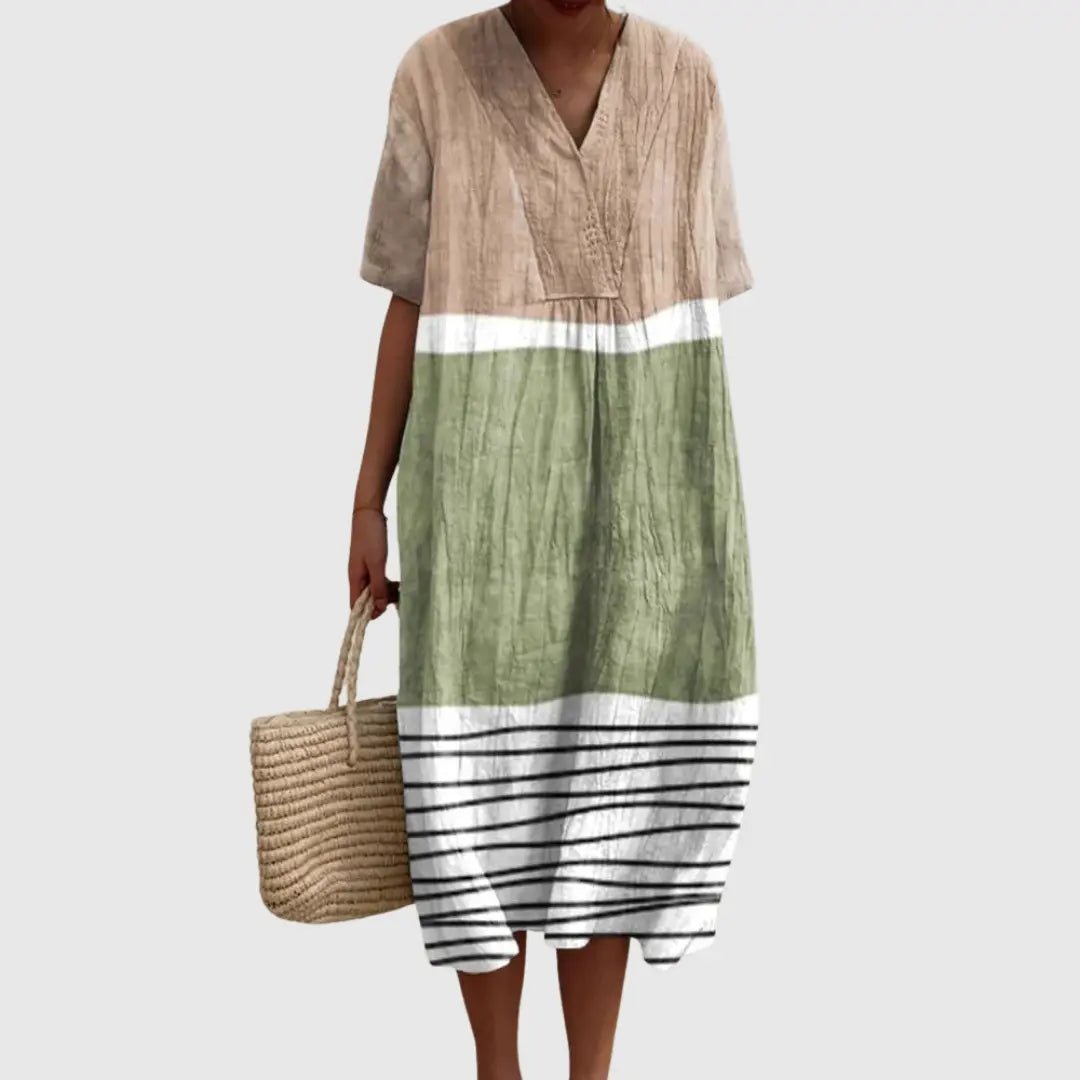 Clara | Earthtone Stripe Midi Dress - Benjamin New York