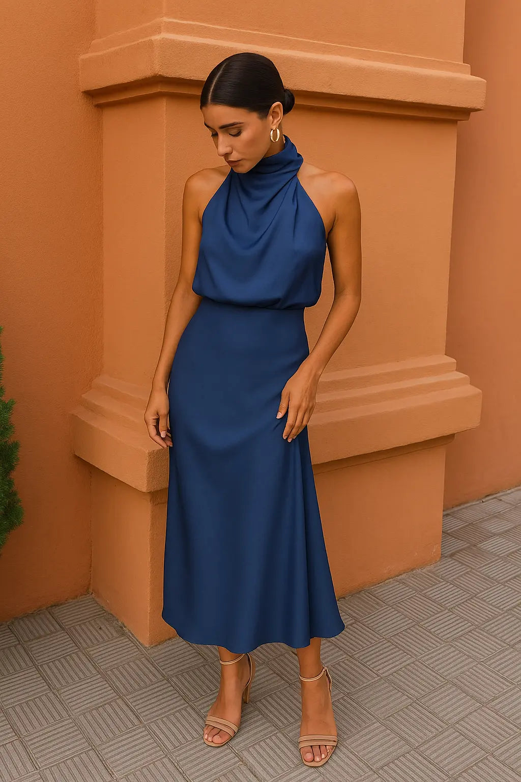 Elena | Satin Halter - Neck Midi Dress - Benjamin New York