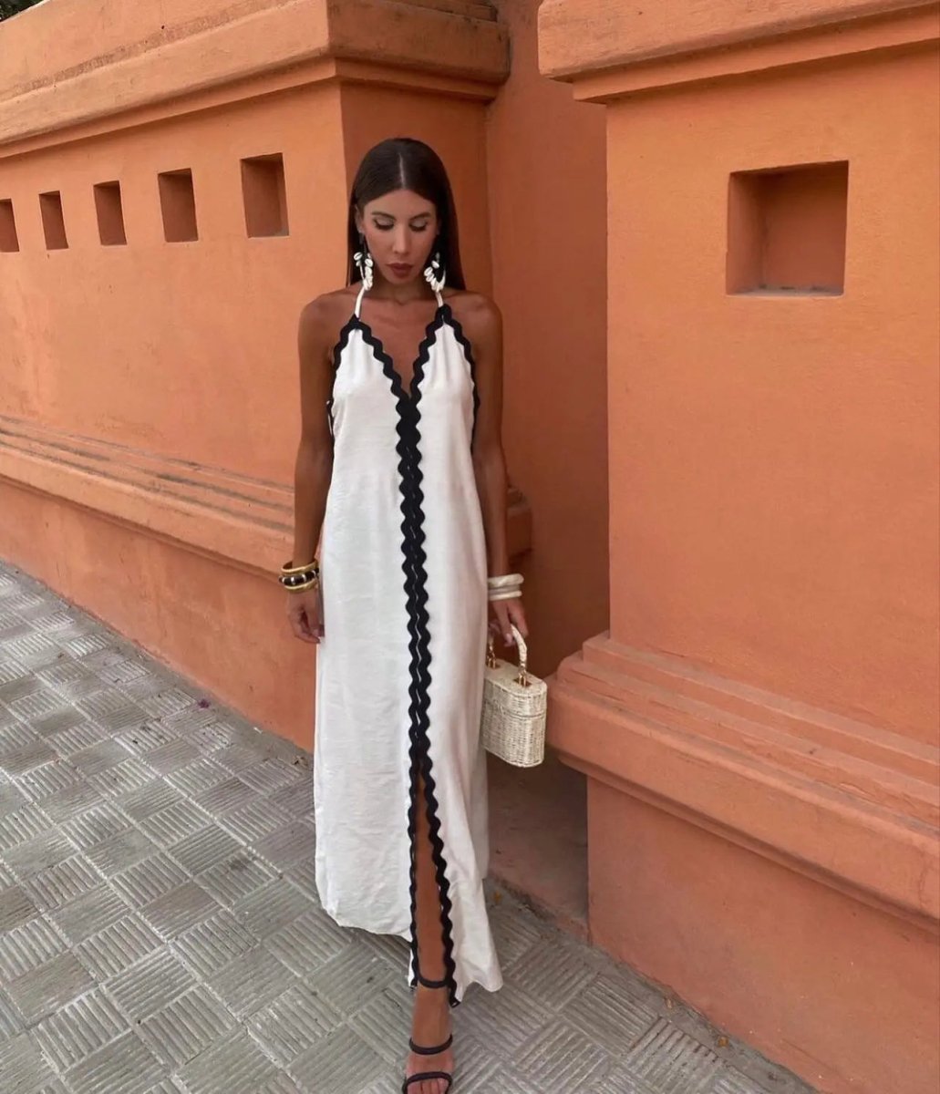 Noelle | Scallop - Trim Halter Slit Maxi Dress - Benjamin New York