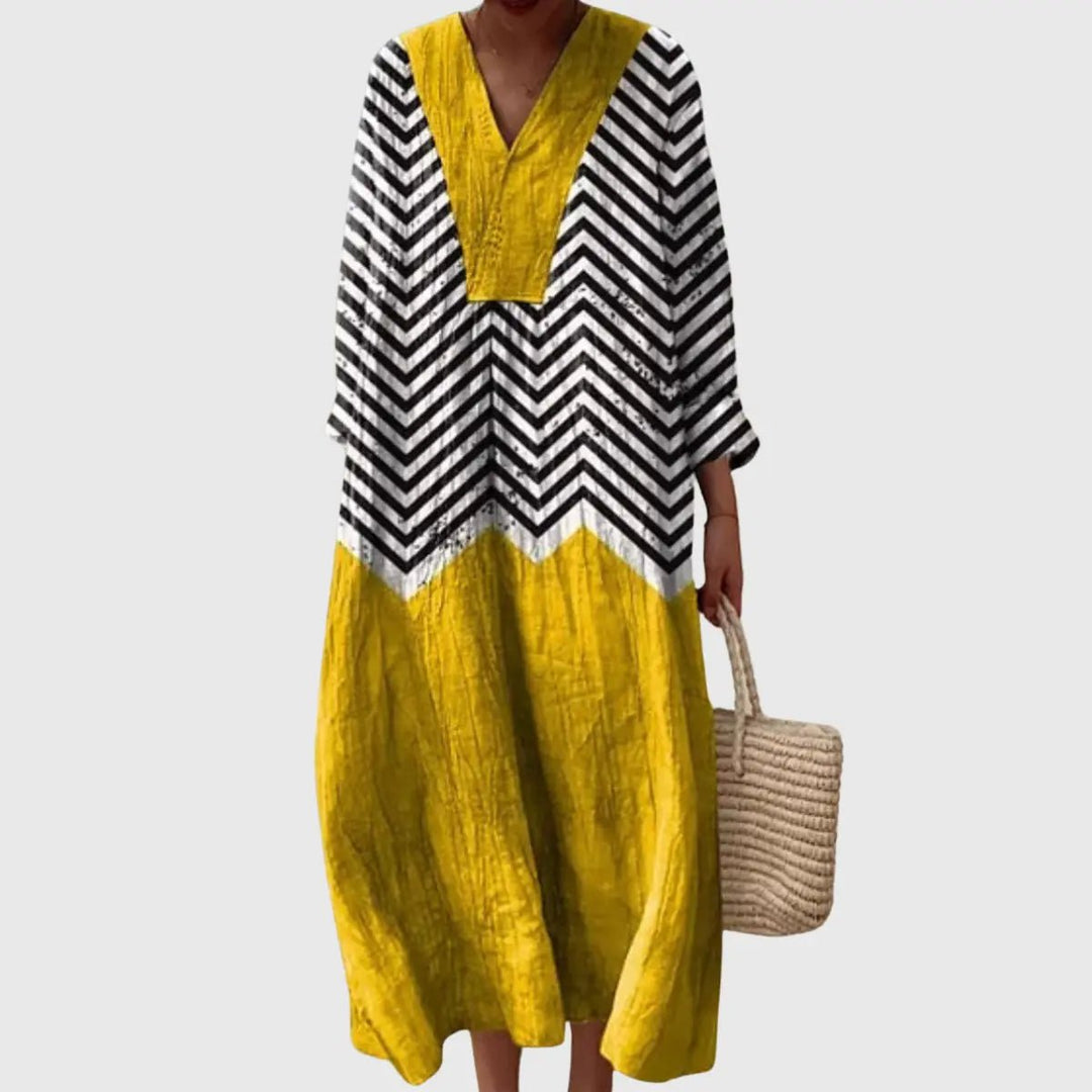 Nola | Chevron Contrast Relaxed Midi Dress - Benjamin New York
