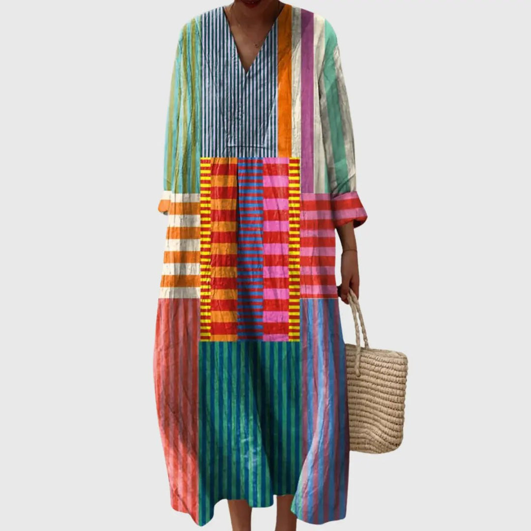 Cambria | Bold Multicolor Stripe Patch Dress - Benjamin New York