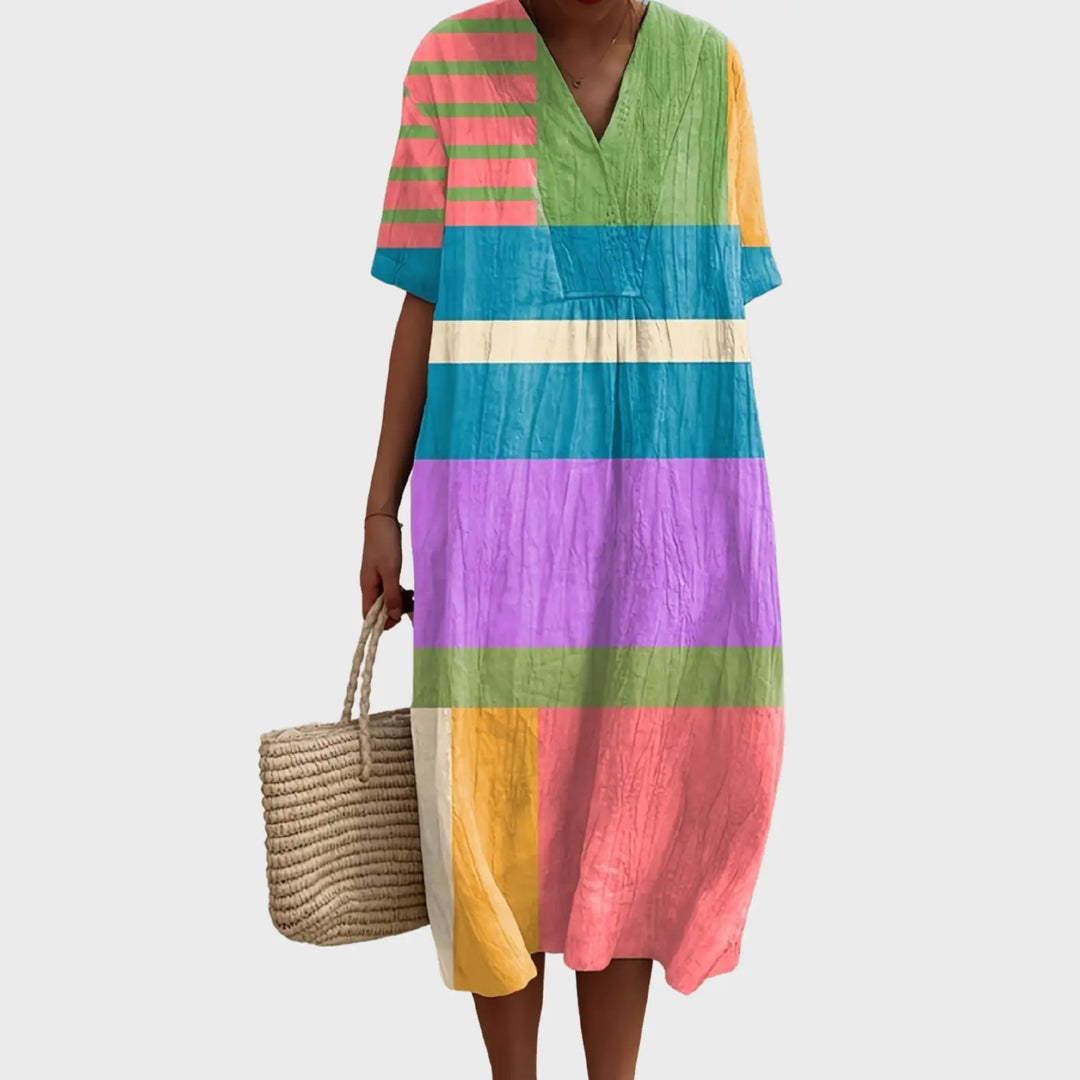 Pippa | Colorblock Breeze V - Neck Midi Dress - Benjamin New York