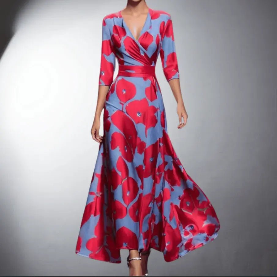 Clarissa | Bold Bloom Satin Wrap Maxi Dress - Benjamin New York