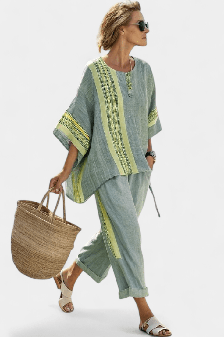 Elowric | Elegant Lavender Top & Mustard Striped Pants - Benjamin New York