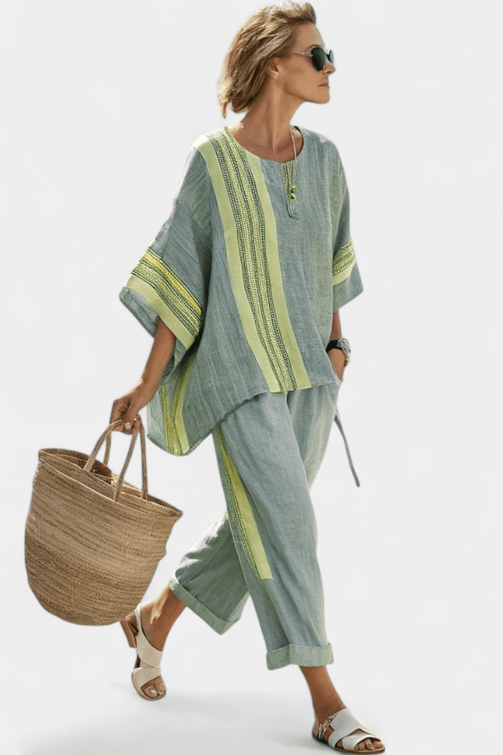 Elowric | Elegant Lavender Top & Mustard Striped Pants - Benjamin New York