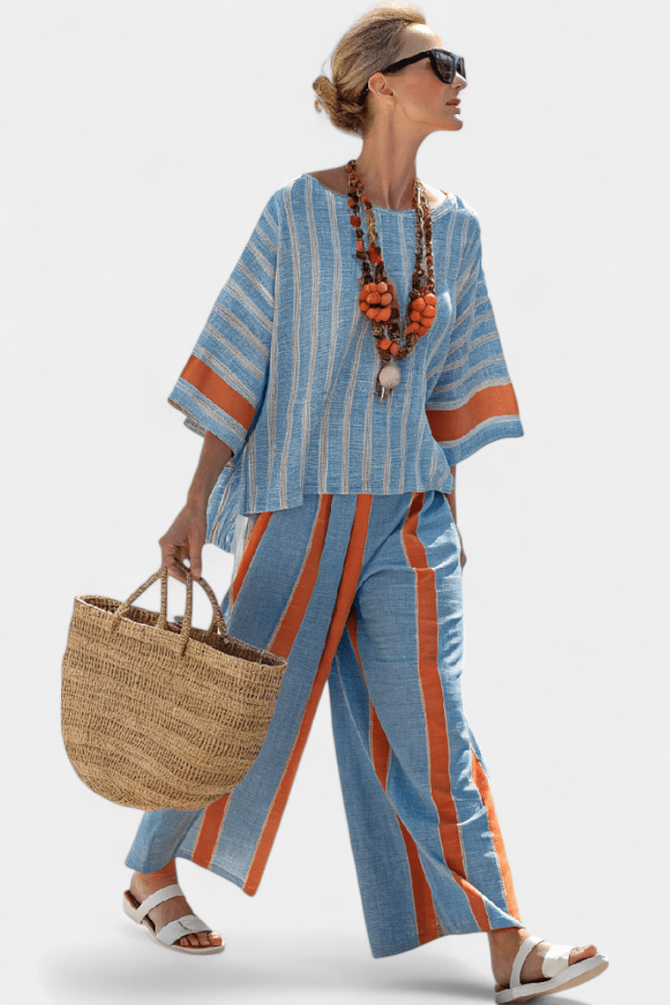 Velmere | Sophisticated Terracotta Striped Top & Linen Pants - Benjamin New York